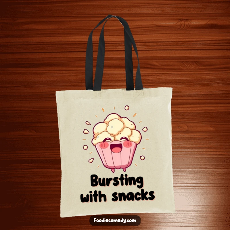 Funny kawaii popcorn kernel exploding with joy on this durable tote bag, a charming and humorous accessory.