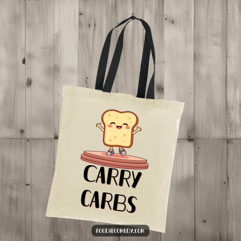 Funny bread tote bag showing a giggling, stylized piece of bread wearing tiny sneakers and hopping on a stage, great for everyday use.