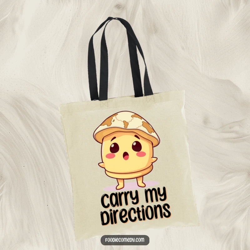 Funny Tote Bag: A surprised pancake character carries a map as a hat, ready for any journey with a touch of humor.