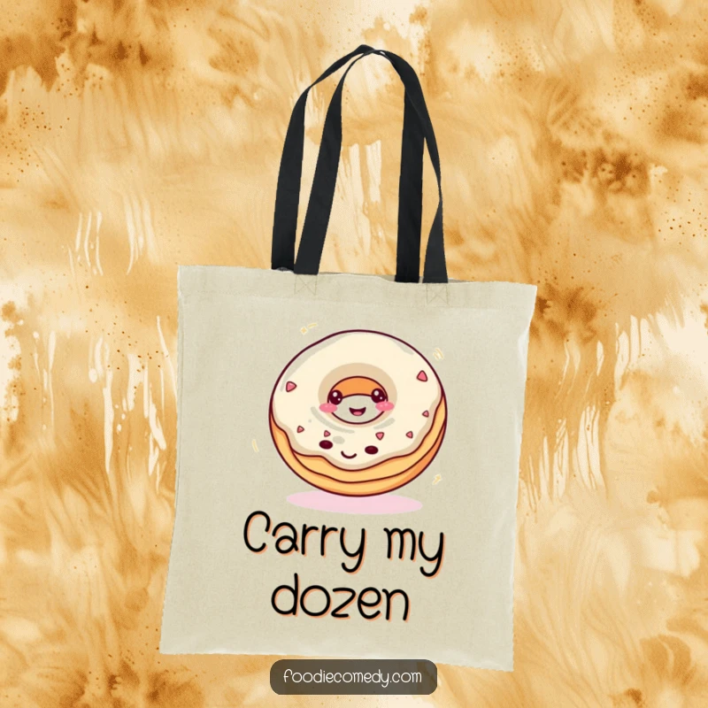 Funny donut tote bag featuring a smiling donut spinning rapidly, ideal for shopping and daily use.
