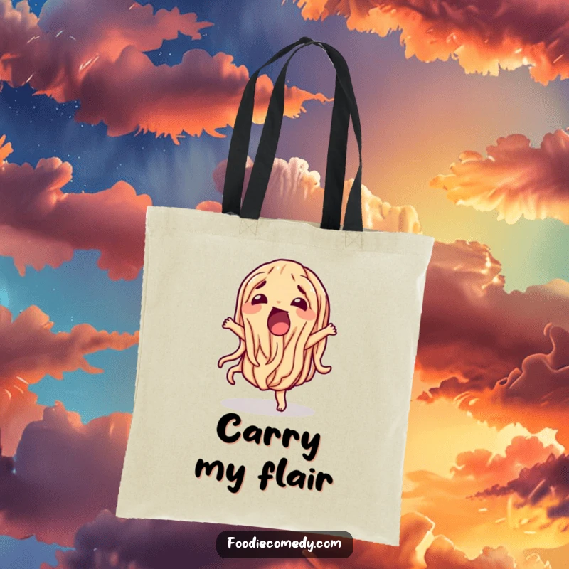 Funny wiggling noodle tote bag, a dancing pasta character ready for errands and fun.