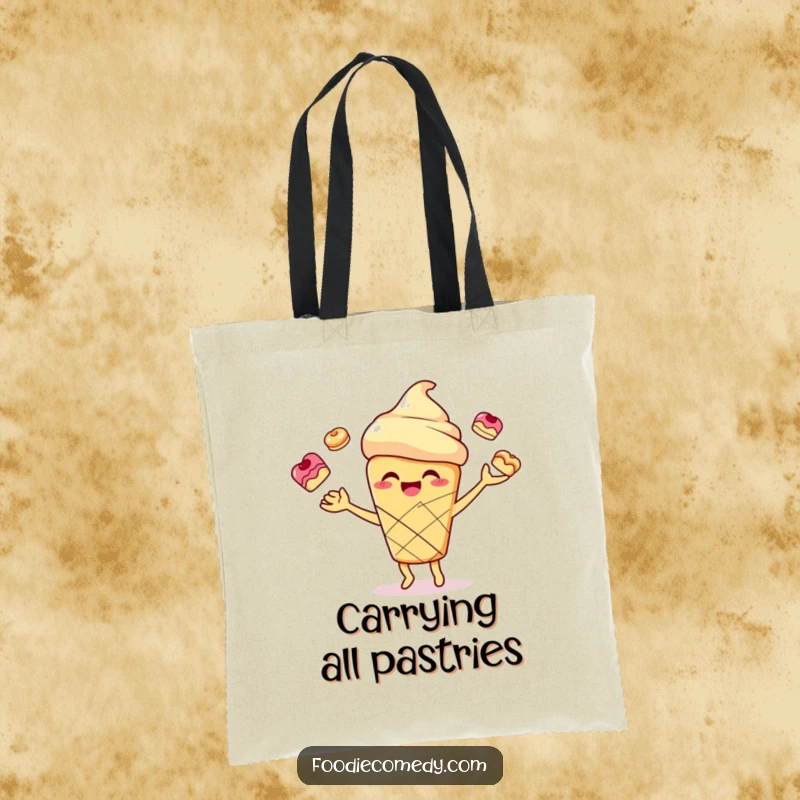 Funny smiling scone character joyfully juggling small pastries on a durable tote bag, perfect for carrying kitchen essentials.