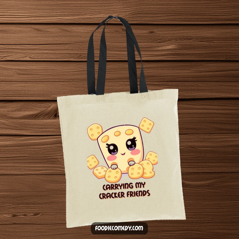 Funny kawaii cheese slice playing hide-and-seek on this durable tote bag, a charming and practical humorous accessory.