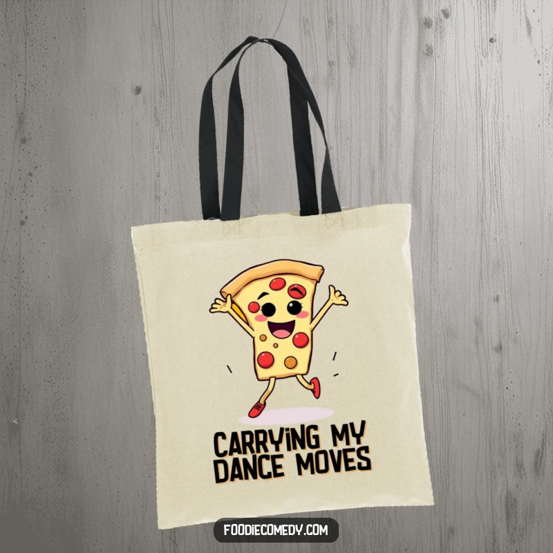 Funny pizza breakdance tote bag with a pizza slice character with legs executing a dynamic breakdance spin.