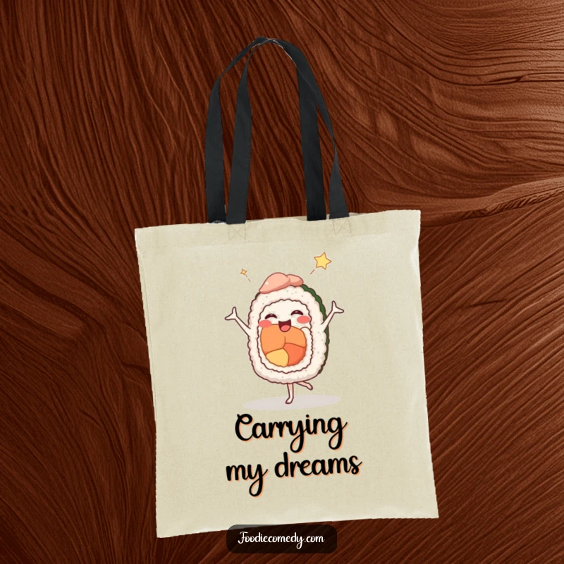 Funny tote bag featuring a happy sushi roll performing a comedic ballet pose, perfect for carrying essentials with humor.