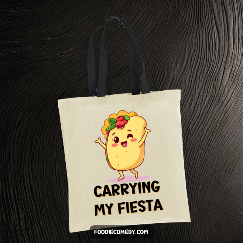 Funny tote bag depicting a jubilant taco character joyfully performing a lively salsa dance, ideal for everyday use.