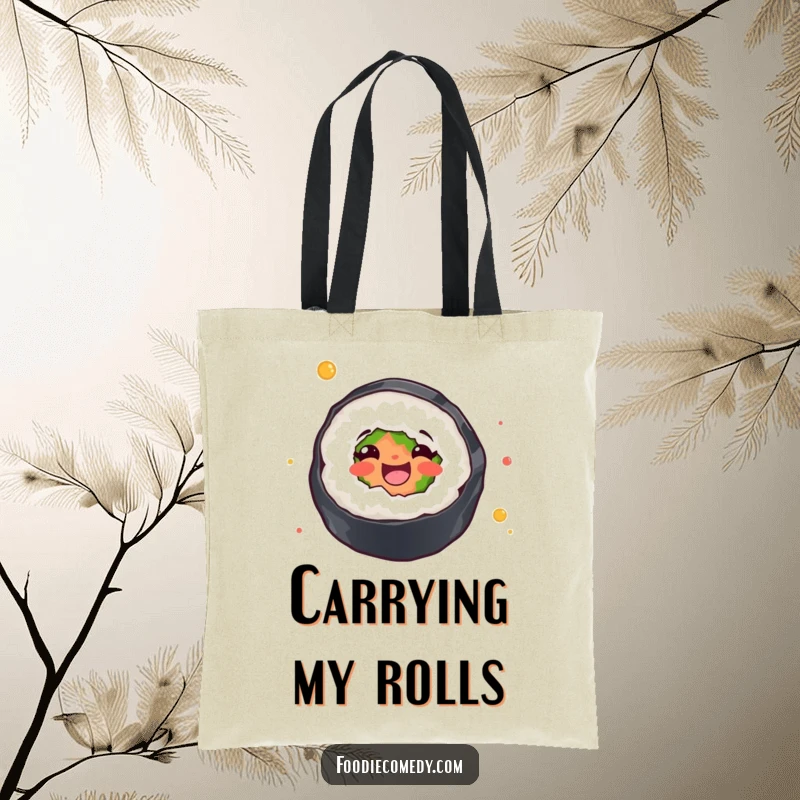 Funny tote bag showcasing a sushi roll joyfully twirling, perfect for carrying groceries or essentials with a humorous touch.