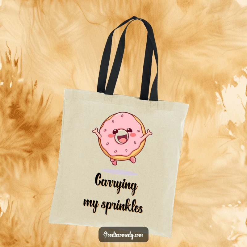 Funny tote bag showcasing a gleeful donut character leaping energetically, perfect for carrying essentials with a smile.