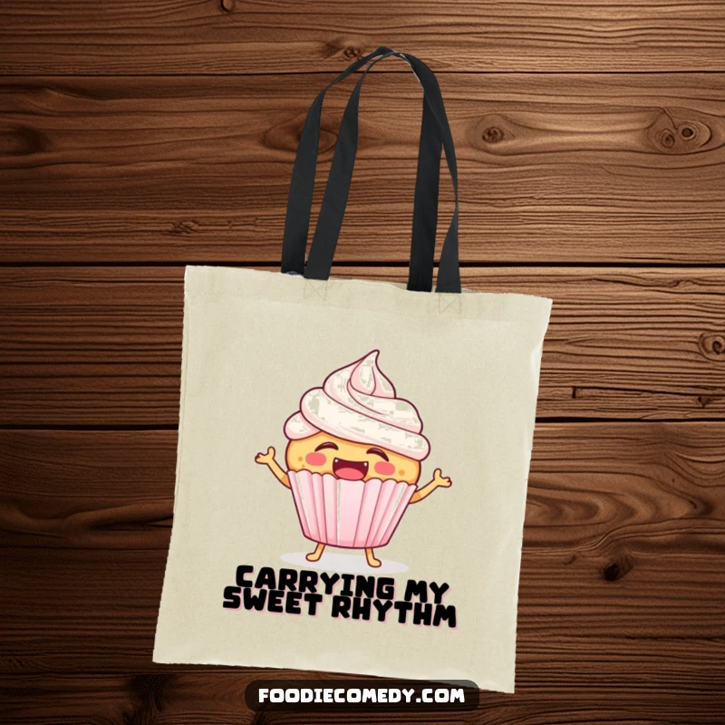 Funny laughing cupcake tote bag with a cheerful cupcake character with frosting, hopping energetically to a beat.