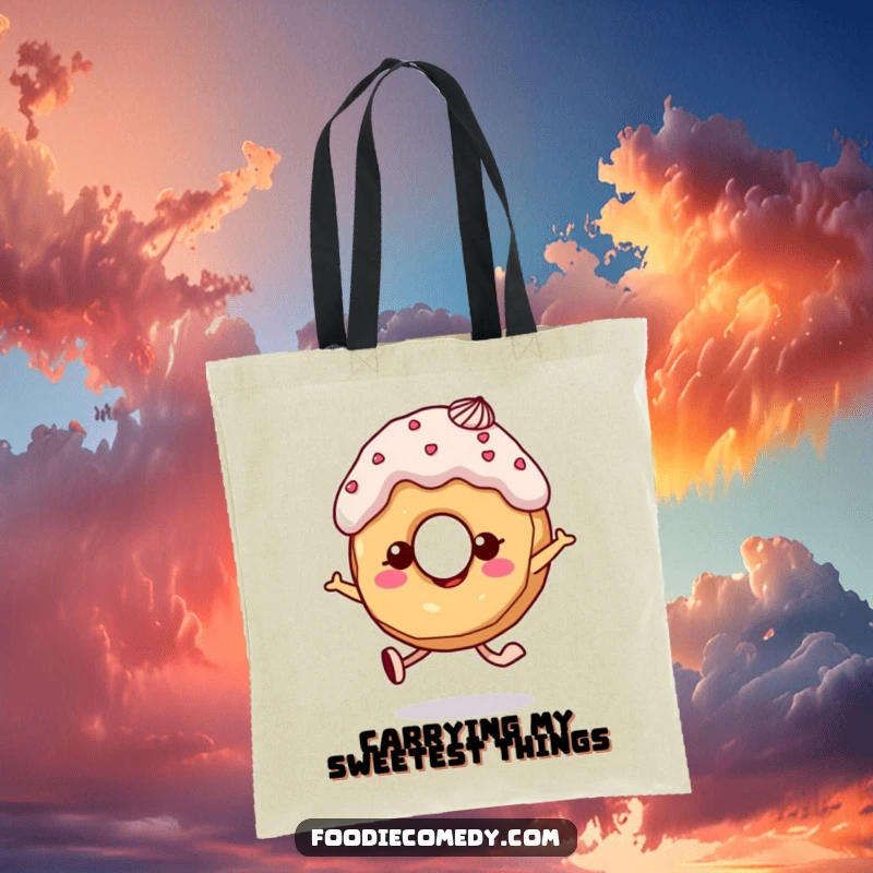 Funny donut tote bag with frosting hair, designed for carrying essentials with cheerful skipping energy.