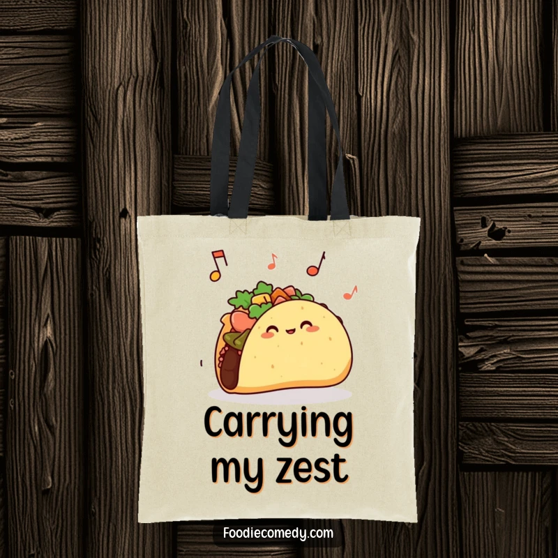 Funny taco tote bag showcasing a taco with a jiggling shell, ideal for shopping and showcasing personality.