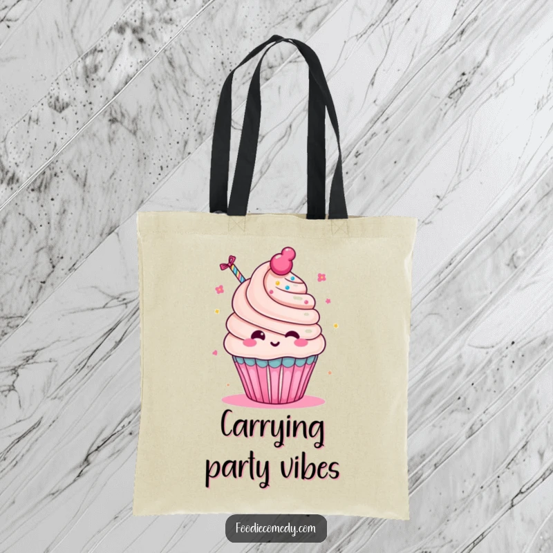 Funny Cupcake Party Tote Bag: A charming kawaii cupcake character gleefully blowing a party favor, ready for festivities.
