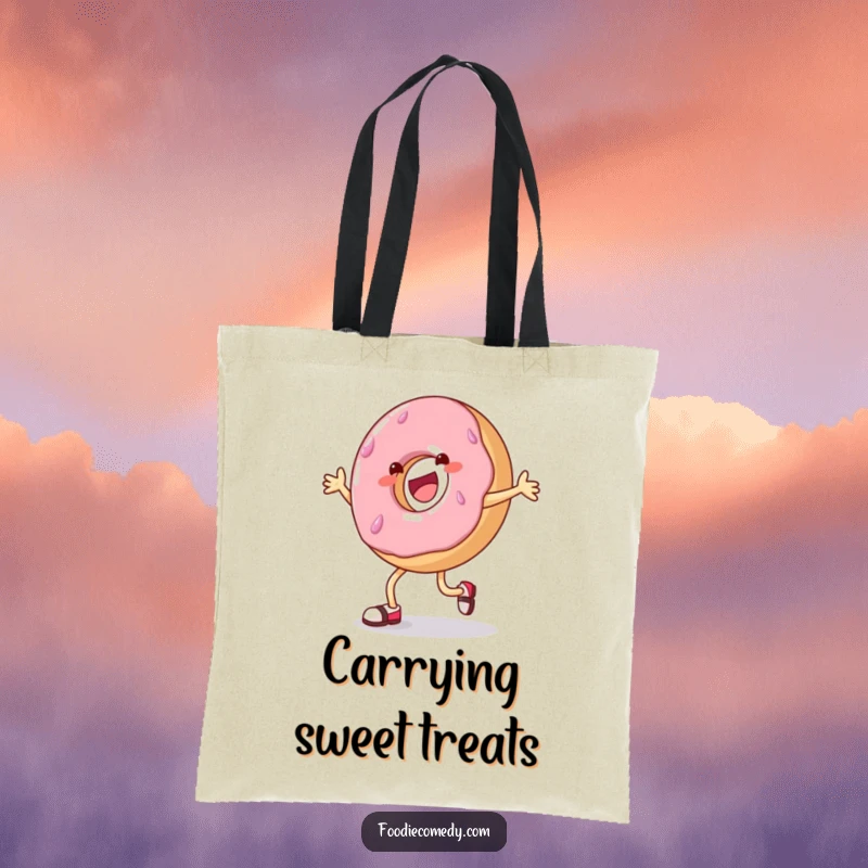 Funny donut tote bag, cheerful donut tap dancing, cute and practical tote.