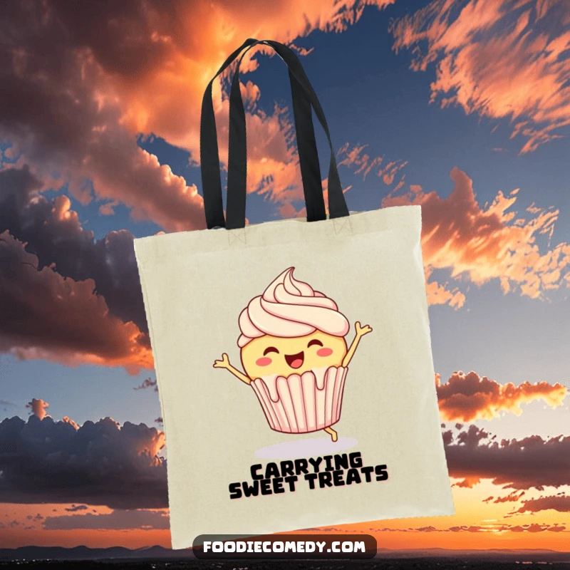 Funny Cupcake Tote Bag: A cheerful cupcake with frosting dripping as it does a joyful jig, perfect for carrying treats.