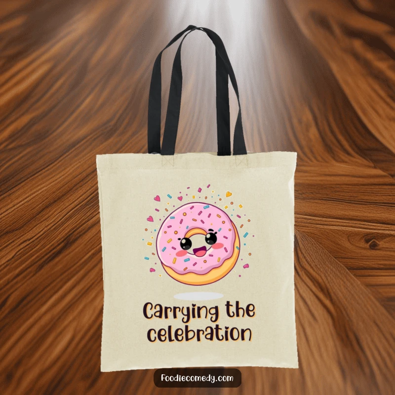Funny tote bag with a delighted donut character exploding in sugary confetti, perfect for carrying items with joy.