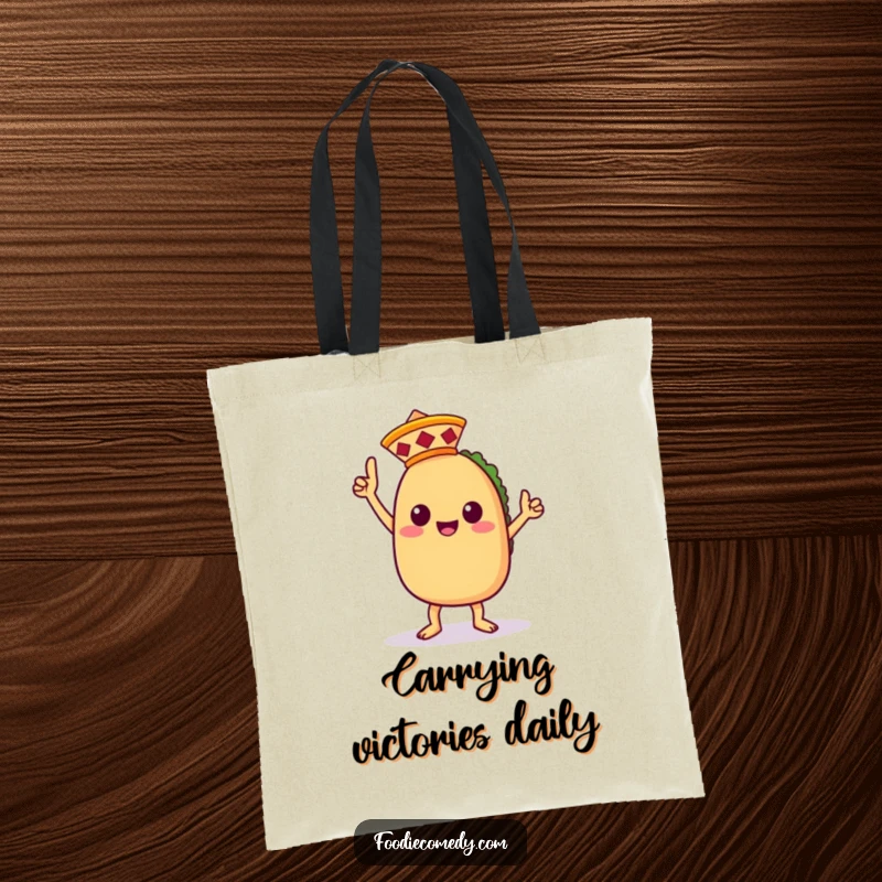 Funny tote bag featuring a jubilant kawaii taco character doing a victory dance, adorned with a tiny sombrero, great for shopping.
