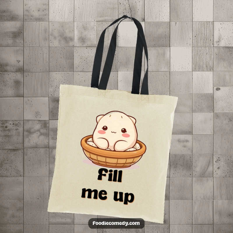 Funny dumpling tote bag depicting a plump, blushing character winking from a steaming basket, perfect for casual use and humorous style.