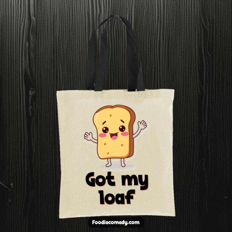 Funny tote bag showcasing a bread loaf character giving a lively wave, perfect for grocery runs and everyday use. A practical and humorous accessory.