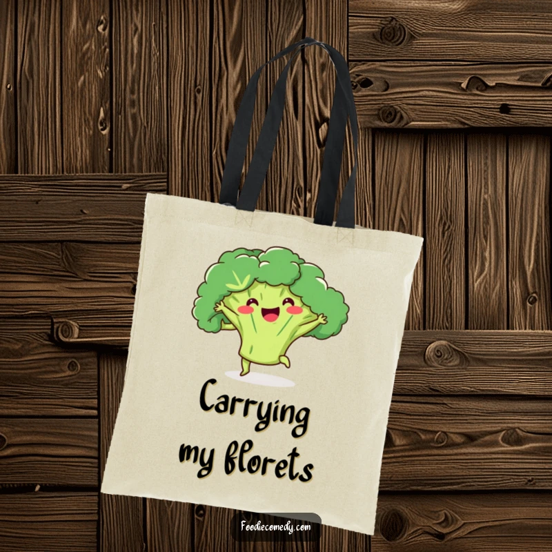 Funny broccoli tote bag showcasing a piece of broccoli doing a kick-ball-change, ideal for shopping and healthy living.