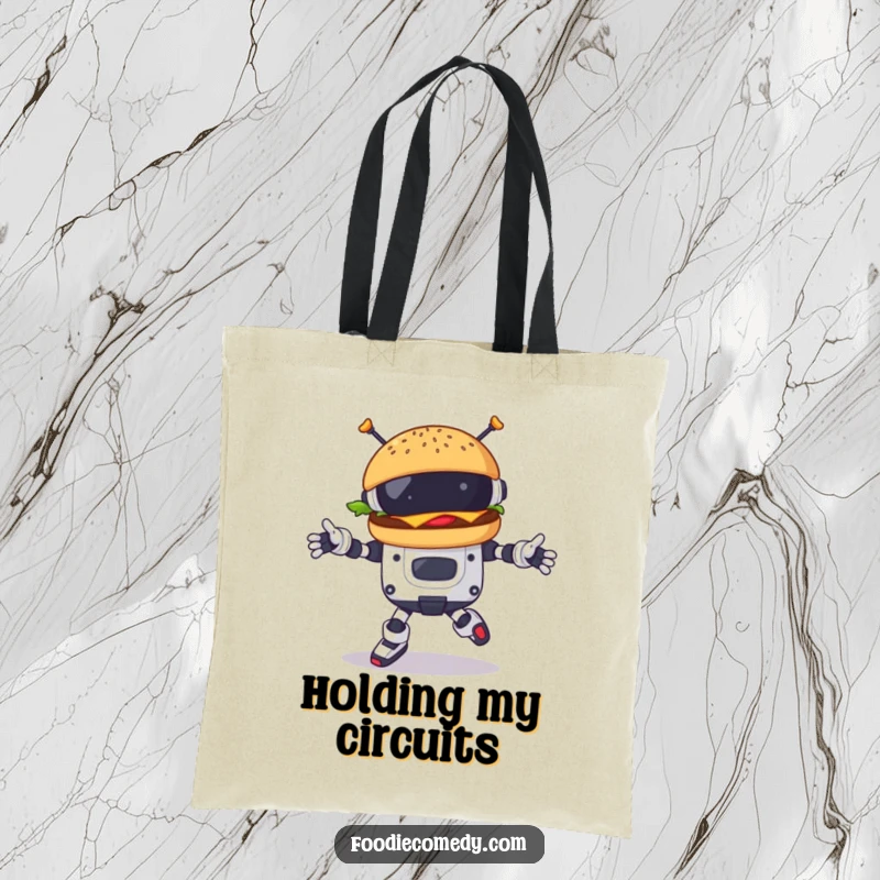 Funny burger character performing a robotic dance on a tote bag, bringing futuristic fun to everyday tasks.
