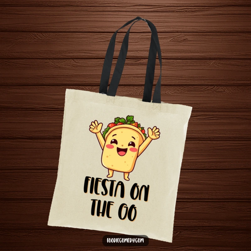 A happy taco releasing a cascade of spicy salsa, illustrated on a durable and humorous tote bag.