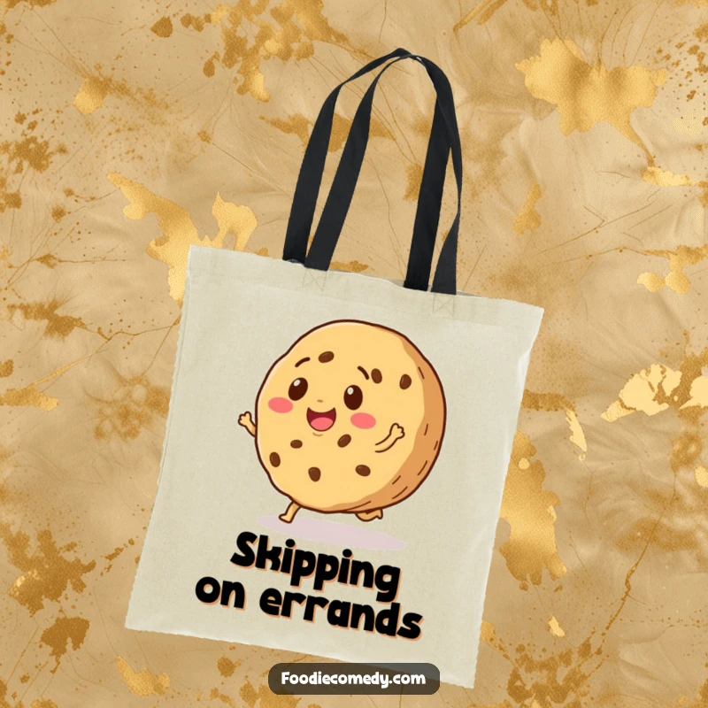 Funny tote bag with a smiling cookie doing a happy little skip, ideal for carrying essentials with a sweet and humorous flair.