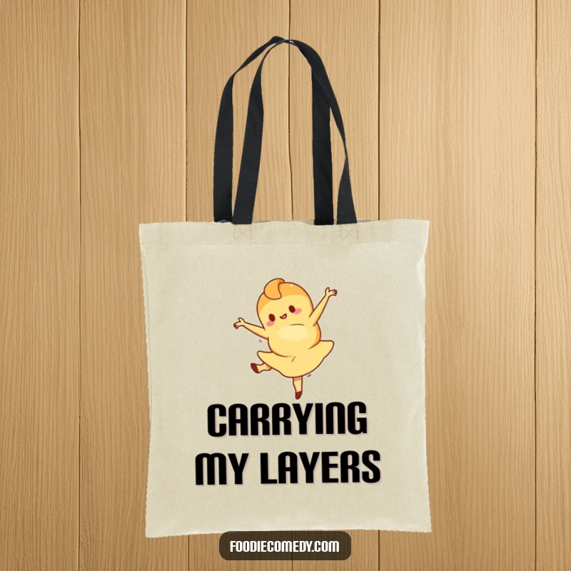 Funny tote bag showcasing a croissant character performing a ballet leap, perfect for shopping and everyday use, adding a splash of elegant humor.