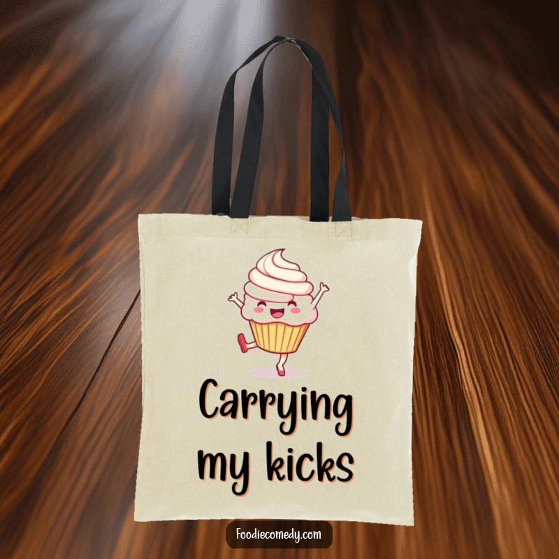 Funny tote bag featuring an exuberant cupcake doing a lively kick, perfect for carrying daily items with a splash of humor.