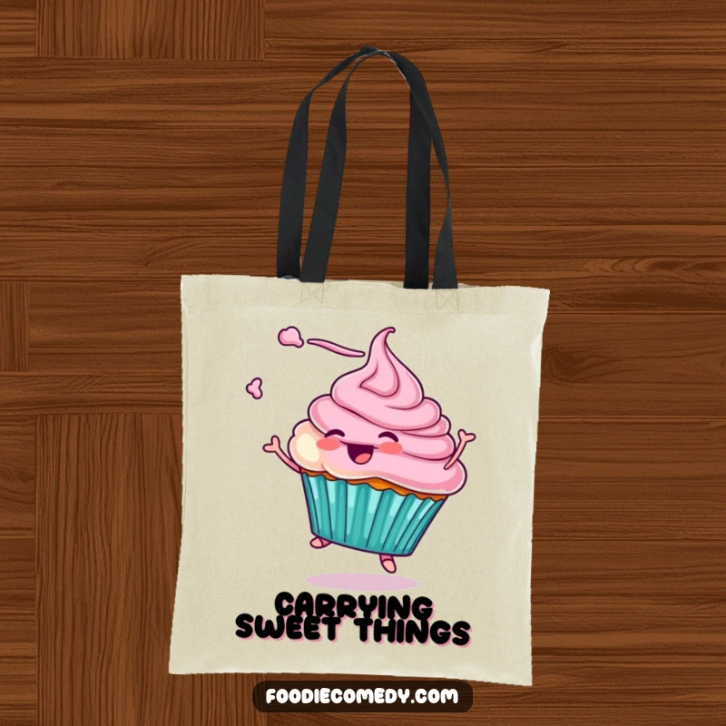 Funny tote bag showcasing a cupcake character twirling with frosting in the air, perfect for shopping and everyday use, adding a splash of sweet humor.