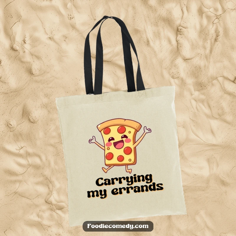 Funny tote bag featuring a pizza slice with legs kicking joyfully, perfect for carrying essentials with energetic humor.
