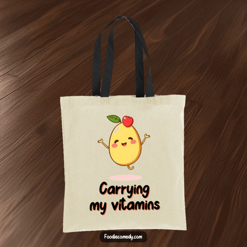 Funny tote bag showcasing a vibrant piece of fruit character doing a merry jig, perfect for carrying essentials.