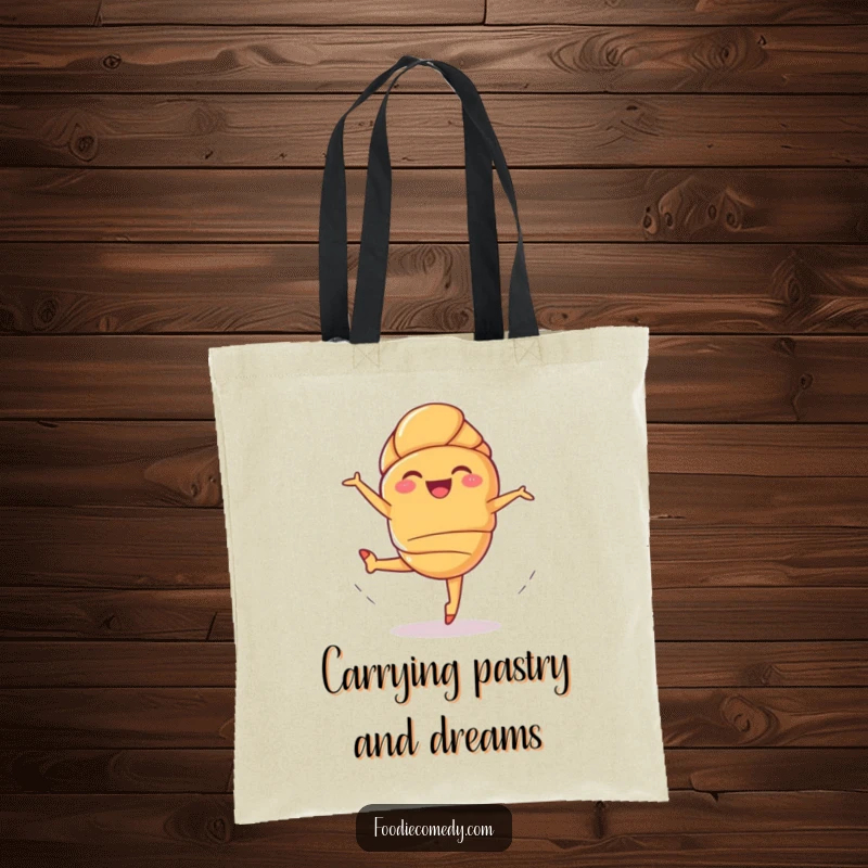 Funny Giggling Croissant Tote Bag: A happy pastry in a ballet leap makes this a humorous and practical tote.