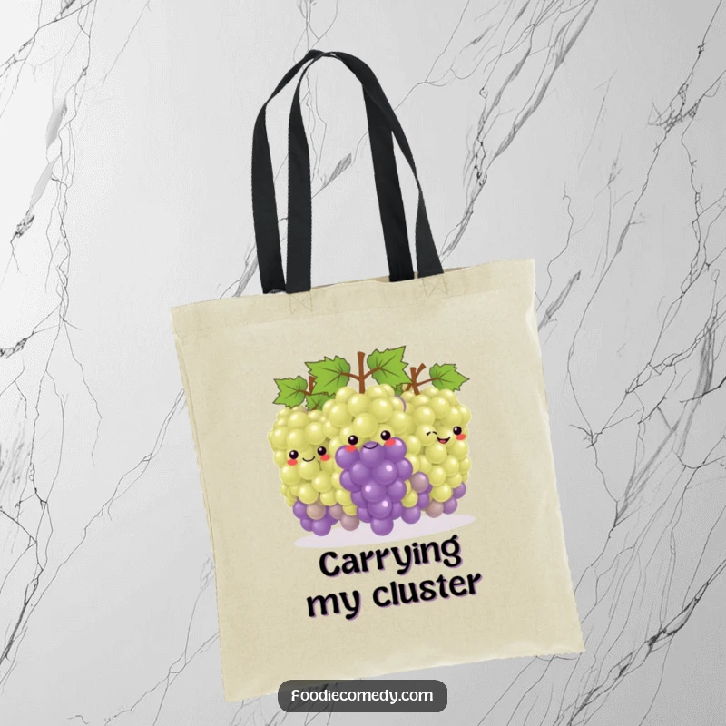 Funny Grape Tote Bag: A tote bag featuring a happy bunch of grapes in a conga line, ideal for carrying party essentials.