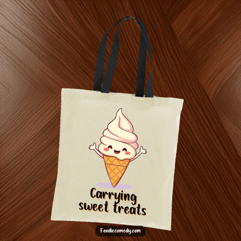 Funny tote bag showcasing a happy ice cream cone character in a cheerful boogie dance, great for everyday use.