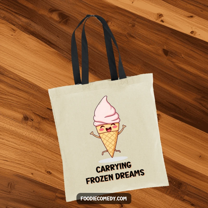 Funny tote bag showcasing an ice cream cone doing a lively jig, perfect for carrying groceries or treats with a humorous touch.