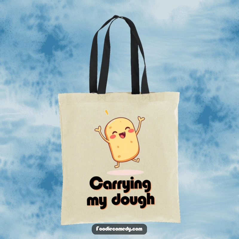 Funny tote bag showcasing an energetic bread roll performing a jig, perfect for carrying groceries or daily items with humor.