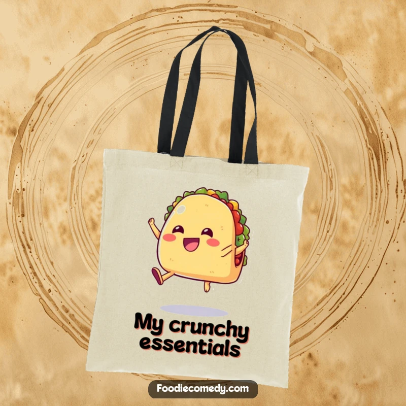 Funny tote bag showcasing a cheerful taco with small, stubby legs jumping in the air, perfect for carrying fiesta essentials.