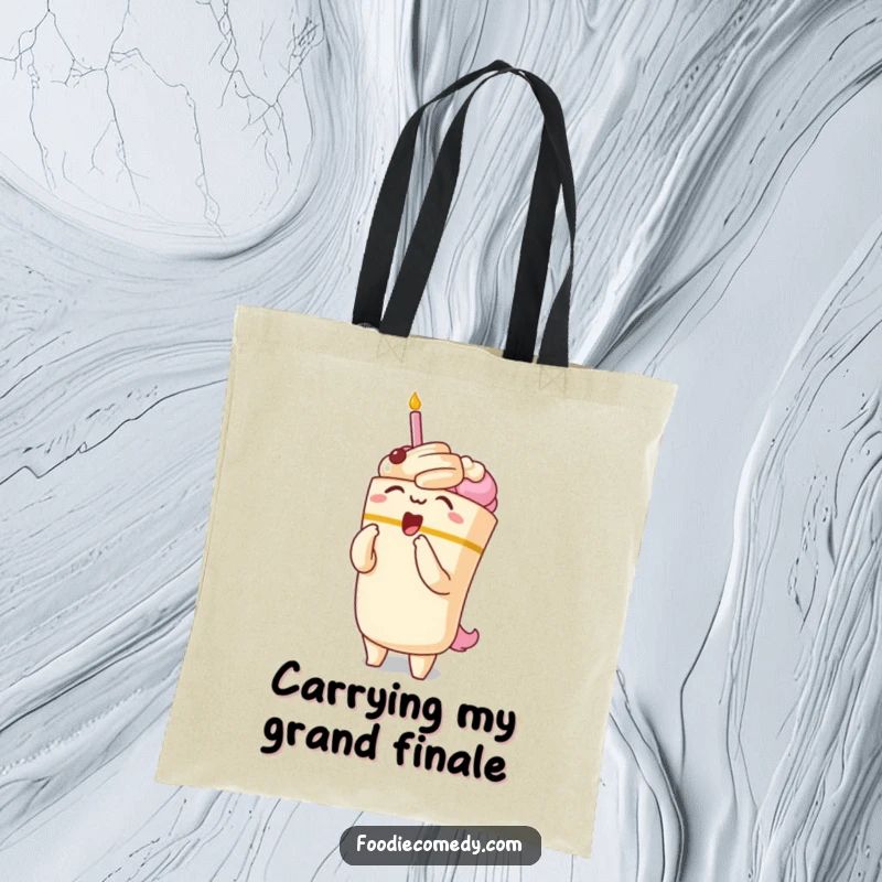 Funny tote bag with a kawaii cake character performing a theatrical opera bow, perfect for carrying everyday items with style.