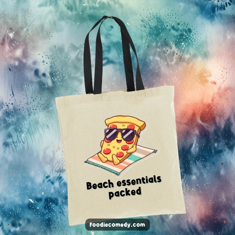 Funny Kawaii Pizza Sunglasses Tote Bag: A practical tote featuring a cool pizza slice in sunglasses relaxing on a beach towel, ideal for sunny outings.