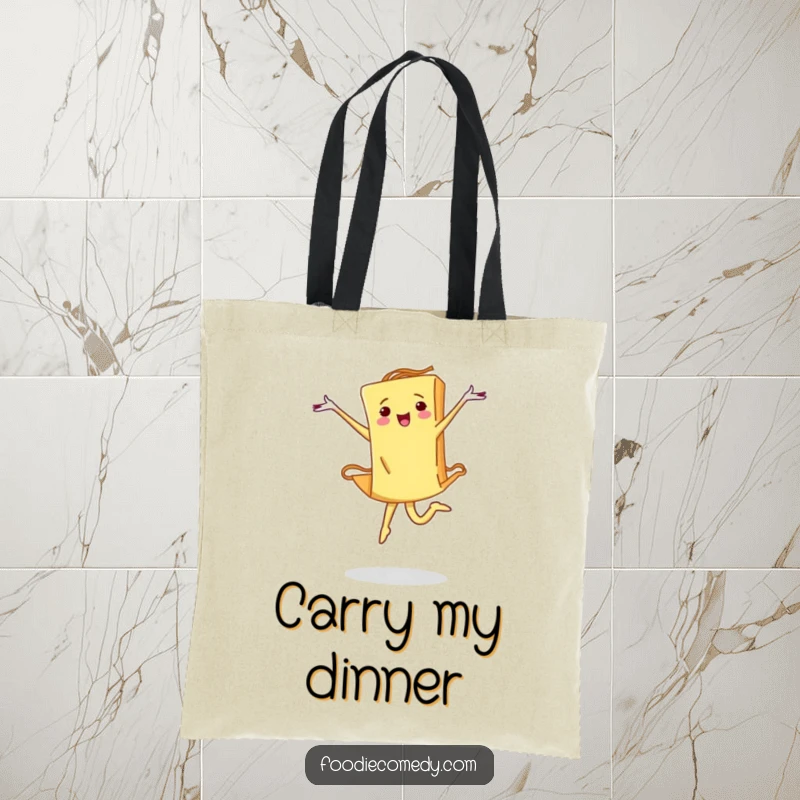 Funny pasta tote bag featuring a piece of pasta performing a determined ballet leap, perfect for carrying essentials with artistic flair.