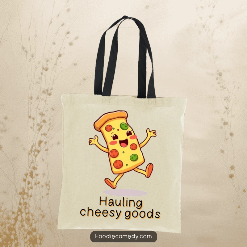 Funny tote bag showcasing a pizza slice doing energetic kicks, perfect for carrying groceries or snacks with humor.