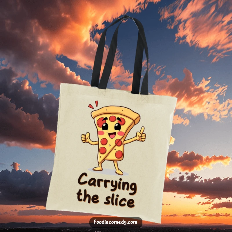 Funny pizza slice tote bag with a proud character striking a heroic pose, great for carrying groceries and pizza love.