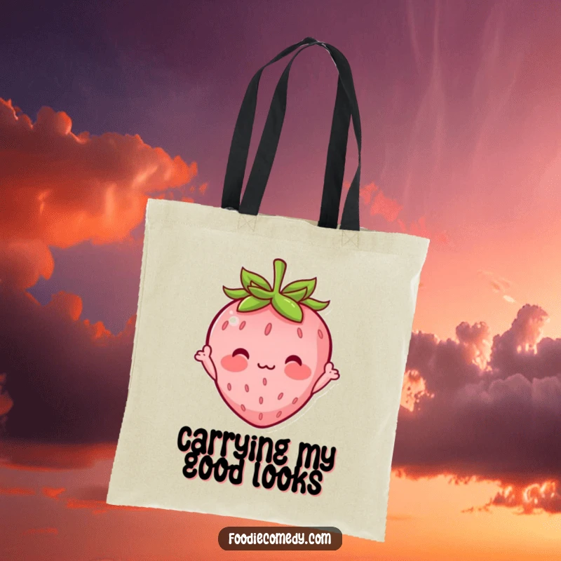 Funny tote bag featuring a shyly blushing strawberry character with small arms waving, perfect for carrying items with adorable bashfulness.
