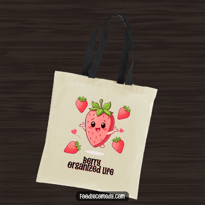 Funny Strawberry Tote Bag: A strawberry character twirls with excitement, perfect for carrying sweet essentials.