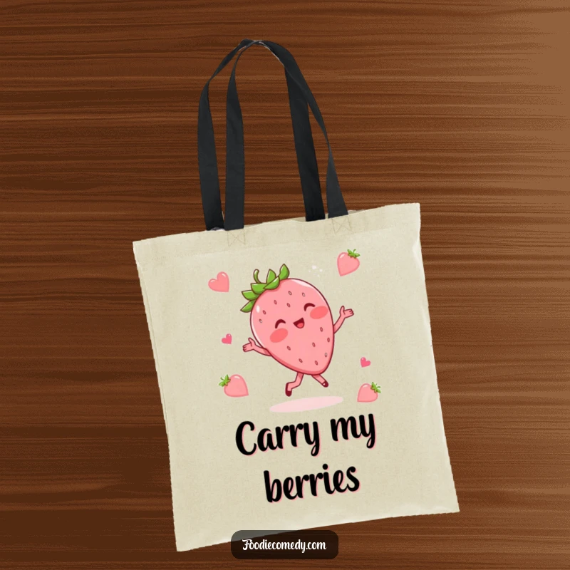 Funny tote bag featuring a blushing strawberry doing a whimsical waltz, perfect for carrying items with fruity flair.