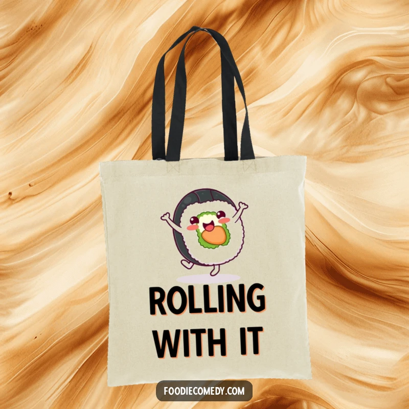 Funny sushi roll tote bag depicting a cheerful character doing a cartwheel, ideal for carrying groceries and sushi-related items.