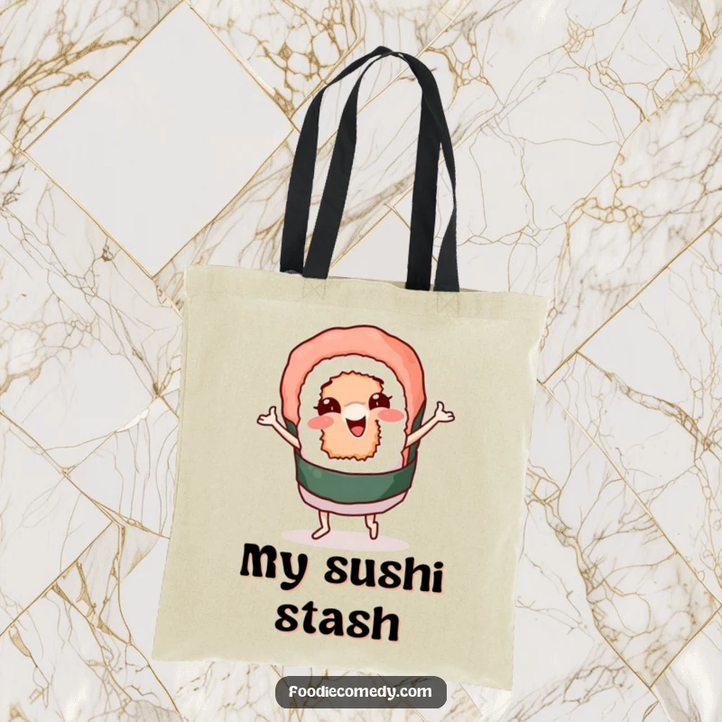 Funny tote bag showcasing a sushi roll character wiggling and dancing, perfect for shopping and everyday use, adding a splash of food-themed humor.