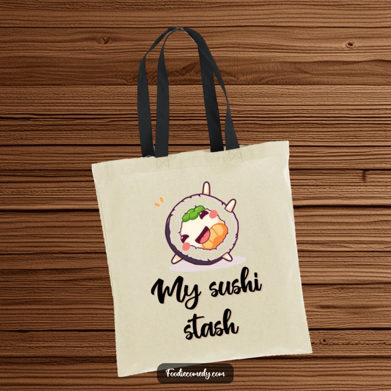 Funny Sushi Tote Bag featuring a roll doing a playful somersault, ideal for carrying essentials with food-themed fun.