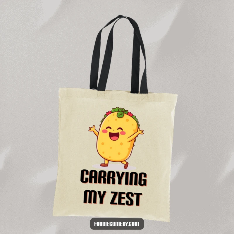 Funny taco tote bag, taco dancing salsa, vibrant and practical bag for groceries or essentials.