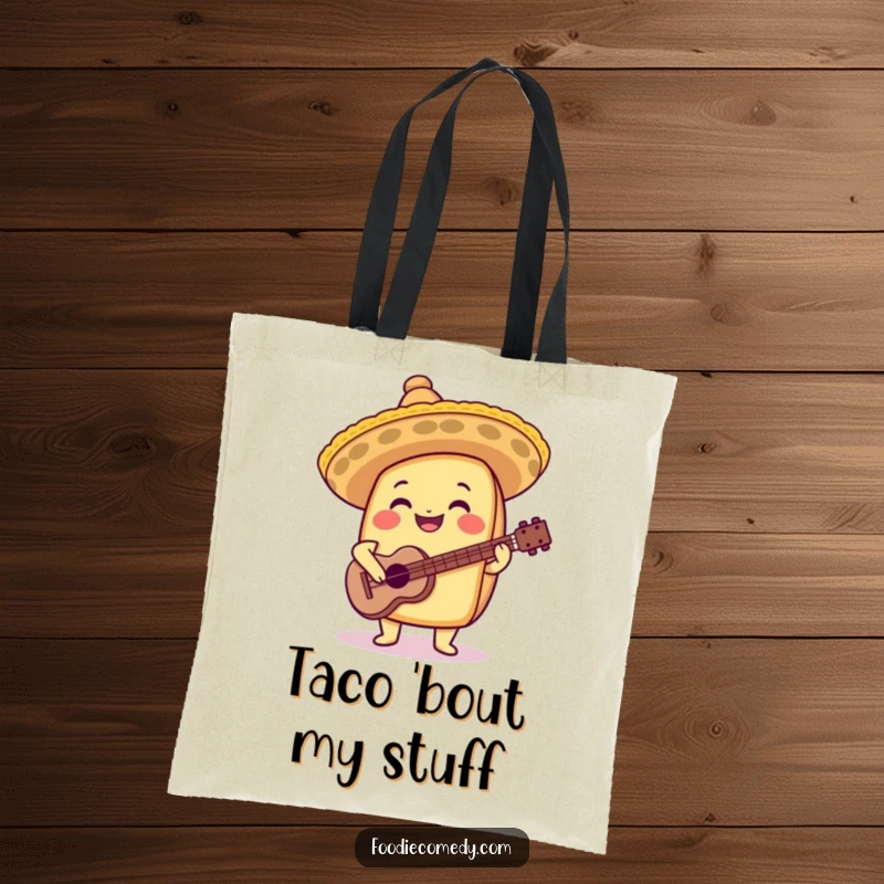 Funny taco tote bag with a tiny sombrero and guitar, designed for carrying essentials with festive joy.